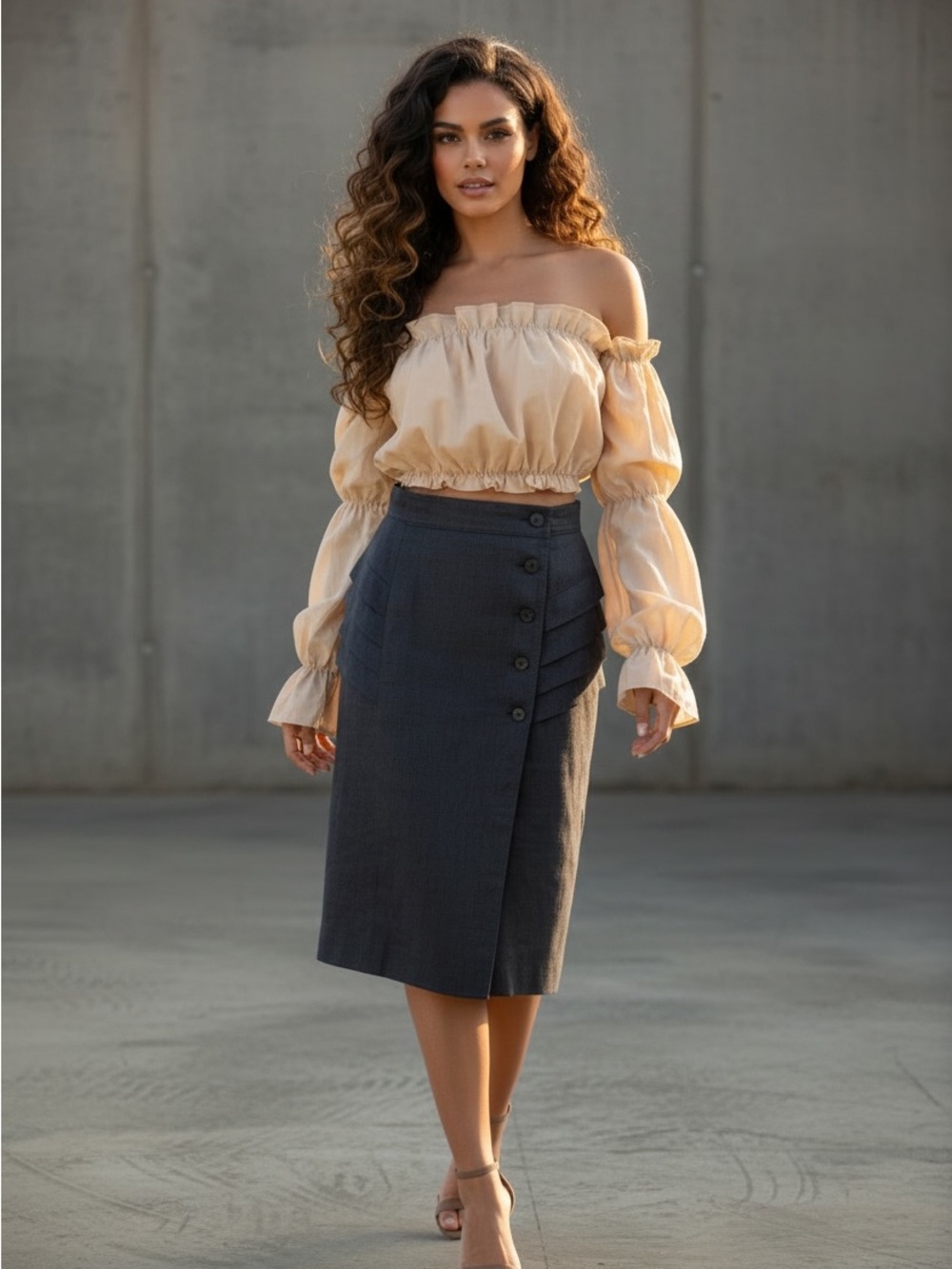 Ellen Tracy Charcoal Button-Front Midi Pencil Skirt